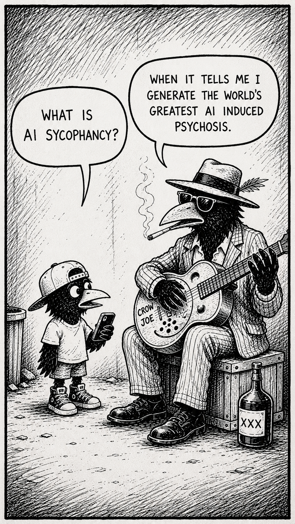 Crow Joe in the Age of AI Comic - Kid Crow, crow representation of younger generation with backwards hat and smartphone in hand, asks Crow Joe, the blues playing crow, 'what is ai sycophancy' Crow Joe dryly responds 'when it tells me i generate the world's greatest ai induced psychosis' the joke is that an ai the exhibits sycophancy would tell crow joe he is the best at getting it to do so if questioned.  sycophancy is a key component of ai induced psychosis.